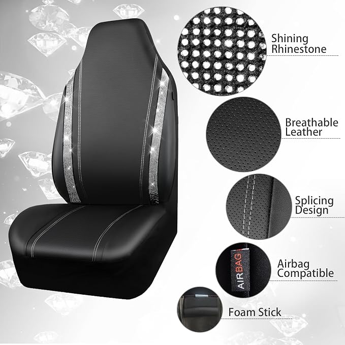 CAR PASS Leather Car Seat Covers Front Two Tesla Model 3 Model Y, Bling Waterproof Universal fit High Back Bucket Diamond Shining Glitter Crystal Sparkle, Truck SUV Cute Women Girl, Silver Rhinestone