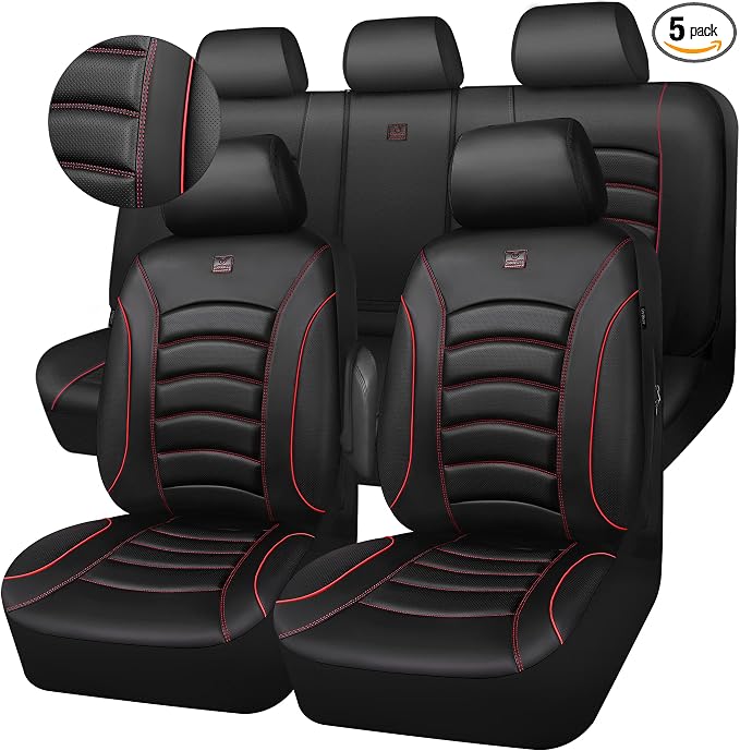 CAR PASS 3D Foam PU Leather Car Seat Covers, Universal Seat Covers Full Sets for Trucks SUV Sedan Automotive Seat Covers Armrest Airbag Compatible Waterproof Comfortable Faux Nappa Leather Black Red