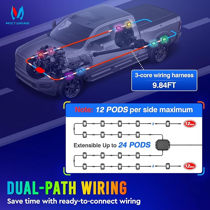 MICTUNING C2+ RGB+IC 2 Pods Replacement Led Rock Lights (No Controller) | Extra Extensions, Aluminum Housing, IP68 Waterproof, Series/Parallel Wiring, Up to 24 Pods
