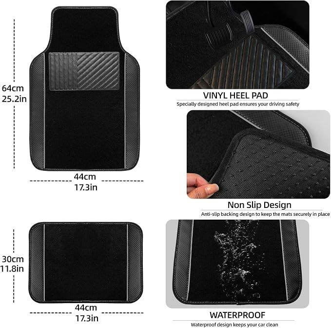 NBTEPEM Microfiber Steering Wheel Cover and Waterproof Car Floor Mats, Universal Fit Most Truck, SUV, Cars, 14.5-15inch Sporty Steering Wheel Covers with Anti-Slip Lining (Black with Grey line)