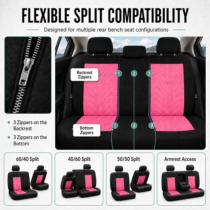 FH Group Full Set Travel Master Car Seat Covers, Airbag and Split Rear Car Seat Cover Universal Fit Interior Accessories for Cars Trucks SUV, Automotive Seat Covers, Pink