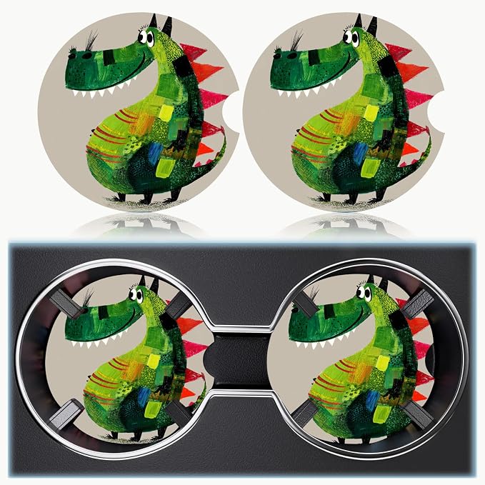 Car Cup Holder Coaster Set of 2, 2.56 in Ceramic Coasters, Scratch-Resistant Cork Backing, Finger Groove Design for Easy Placement, Cute Car Accessories Interior for Women (Green Dinosaur)