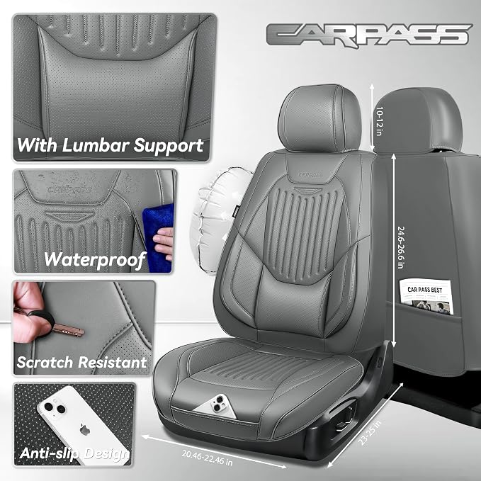CAR PASS Luxury Nappa Leather Car Seat Covers Full Set, Lumbar Support Seat Covers for Car 5 Seats, Waterproof Car Seat Protector, Automotive Seat Covers Universal Fit for Most Sedans SUV Trucks Gray