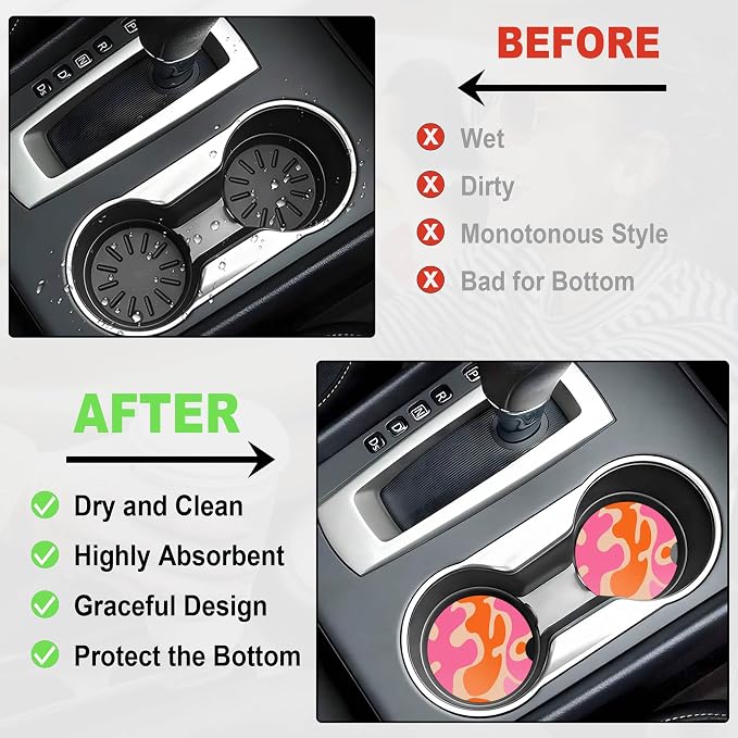 2 Pack Car Coasters for Cup Holders, 2.56" Universal Absorbent Ceramic Stone Car Cup Holder Coasters with Non-Slip Cork Base, Car Interior Accessories for Women Men(Pink Modern Abstract)