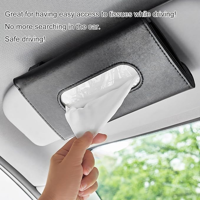Car Visor Tissue Holder, Leather Auto Paper Towel Case Sun Visor Napkin Dispenser with 1 Pack Tissues, Rectangular Backseat Paper Towel Storage Holder for Most Vehicles (Black)