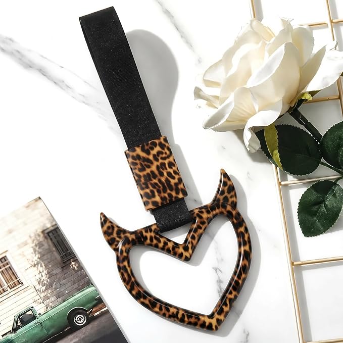 Fabbay Bling Car Accessories Bling Heart Handle Ring Car Accessory for Women Hearts Hand Strap Drift Charm Rear Bumper Warning Ring Decor for Auto Interior Exterior Decoration (Leopard,Devil Style)