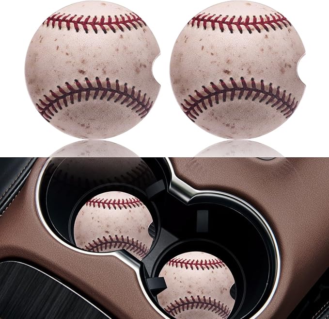 2 Pack Baseball Car Coasters for Men Women Car Cup Holder Coasters, 2.63 Inch Anti Slip Ceramic Absorbent Coaster with Cork Base and Finger Notch, Funny Car Accessories Interior