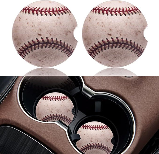 2 Pack Baseball Car Coasters for Men Women Car Cup Holder Coasters, 2.63 Inch Anti Slip Ceramic Absorbent Coaster with Cork Base and Finger Notch, Funny Car Accessories Interior