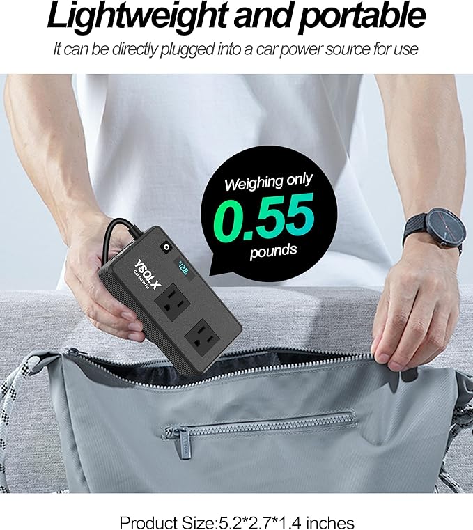 YSOLX 300W Car Inverter Power Outlet Dual AC Car Plug Adapter Outlet | For camping & road trips, 24W USB C/A charge for devices, LED shows real-time voltage & battery status