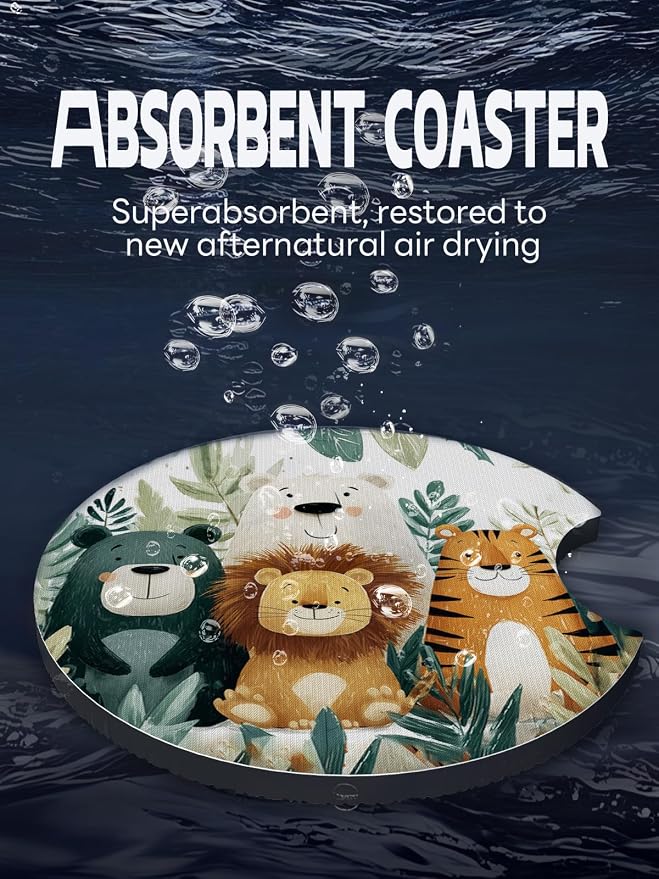 WOCOCN Car Coasters,Cup Holder Coasters for Car,2.75inch Anti Slip and Absorbent,Cute Automotive Interior Accessories for Cup Holder,Pack of 2 (Forest Animals)
