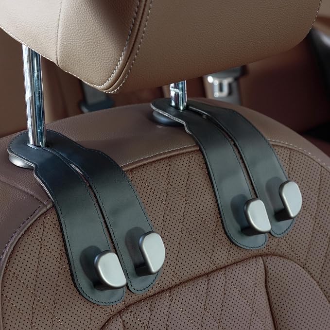 CoBak Purse Hook for Car - Universal Premium Stitched Leather and Aluminum-Magnesium Alloy Double Car Seat Back Storage Hook for Purses, Handbags, Bags (2 Pack),Black