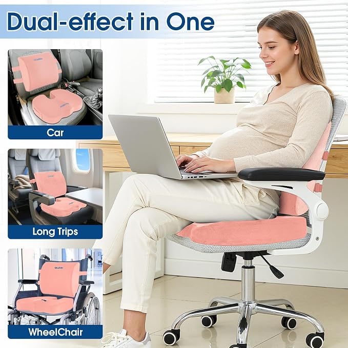 CloudBliss Lumbar Support Pillow & Seat Cushion Set for Office Chair, Desk Chair, Wheelchair & Car – Memory Foam Back Support, Ergonomic Chair Cushions, Sciatica Pain Relief, Home Essentials, Pink