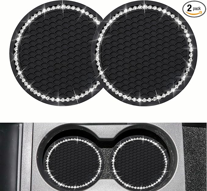 yousheng 2PCS Bling Car Cup Coaster, Universal Vehicle Bling Holder Insert,2.75 inch Rhinestone Anti Slip Silicone Insert,Suitable for Most Car Interior,Best Gift Car Bling for Women, Black, 2 Pack