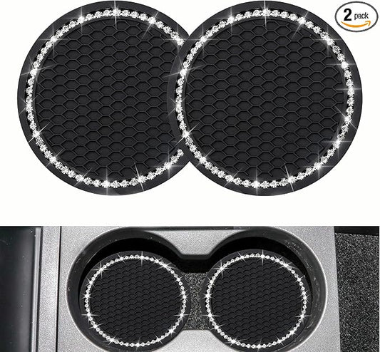 yousheng 2PCS Bling Car Cup Coaster, Universal Vehicle Bling Holder Insert,2.75 inch Rhinestone Anti Slip Silicone Insert,Suitable for Most Car Interior,Best Gift Car Bling for Women, Black, 2 Pack