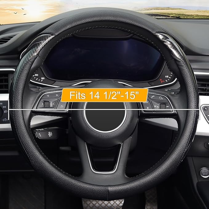 KAFEEK Carbon Fiber Steering Wheel Cover for Men, Car Accessories, Black | Universal 15 Inch Sporty & Thin Cover, Lychee Textured Leather, Side Carbon Fiber Accent