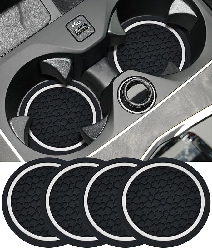 4PCS Car Coasters, Car Accessories Interior, 2.75 Inch Non-Slip PVC Round Coasters for Cup Holders, Black