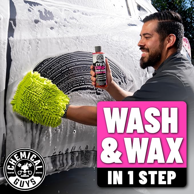 Chemical Guys, Mr. Pink Foam Party Wash & Wax Soap, Tangerine, 1 Gallon | High-foaming wash and wax cleans and adds gloss in cannons or buckets, safe on paint and clear coat, tangerine