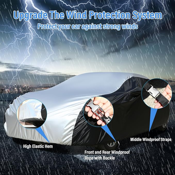 Car Cover Waterproof All Weather, Coverado Outdoor Full Car Covers with Invisible Zipper Mirror Pocket, Rain Sun UV Wind Protection Car Covers for Automobiles Universal Fit for Camaro,etc (183"-193")