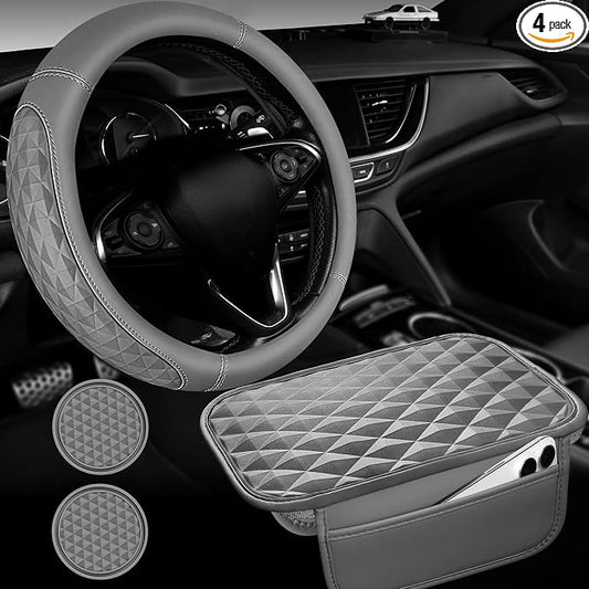 CAR PASS 3D Rhombus Memory Foam Leather Steering Wheel Cover Set, Comfortable Center Console Armrest Cushion Cover with Storage Bags Non-Slip Cup Coasters, 14.5-15in Car Interior Sets, 4 PCS All Gray