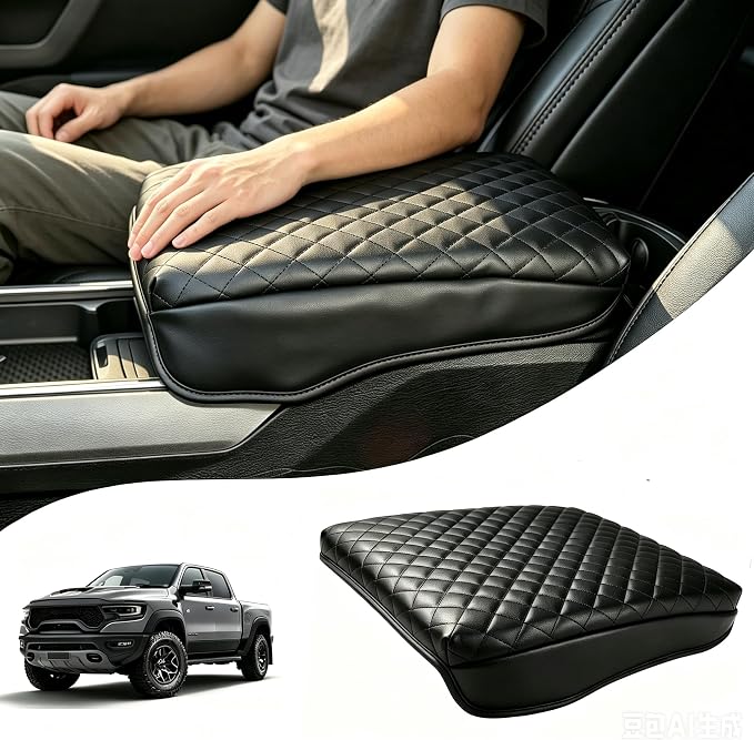 LINOAH Center Console Cover for 2019-2026 Ram 1500 Center Console Cover, Armrest Cushion Pad Cover, PU Leather for 5th Ram 1500 Armrest Cushion Pad Cover Anti-Scratch for RAM 1500 Accessories