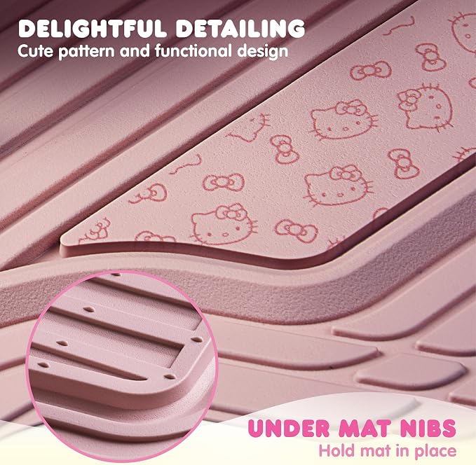 Hello Kitty Car Mats 4pc Floor Mats for Cars Trucks SUVs Pink Car Floor Mats for Women Men Accessories Rubber Heavy Duty Cute Non-Slip Always Front Rear Hello Kitty Cars Accessories Pink