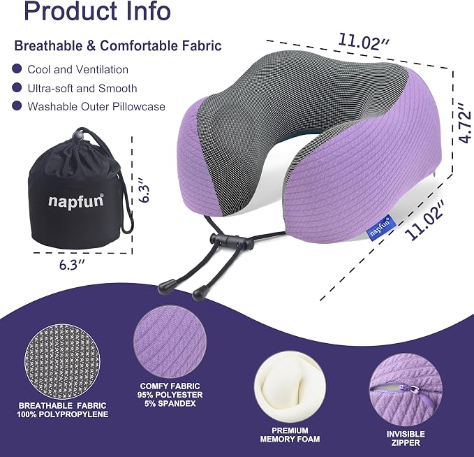 napfun Neck Pillow for Traveling, Upgraded Travel Neck Pillow for Airplane 100% Pure Memory Foam Travel Pillow for Flight Headrest Sleep, Portable Plane Accessories, Light Purple