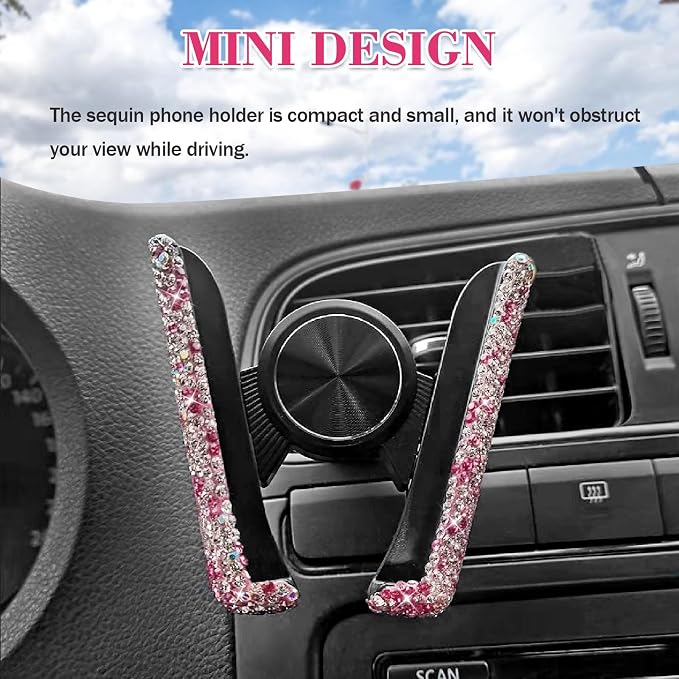 Bling Rhinestone Car Phone Holder, Mini Universal 360° Adjustable Auto Mount For Dash & Air Vent, Crystal Car Accessories For Women & Girls (Pink)