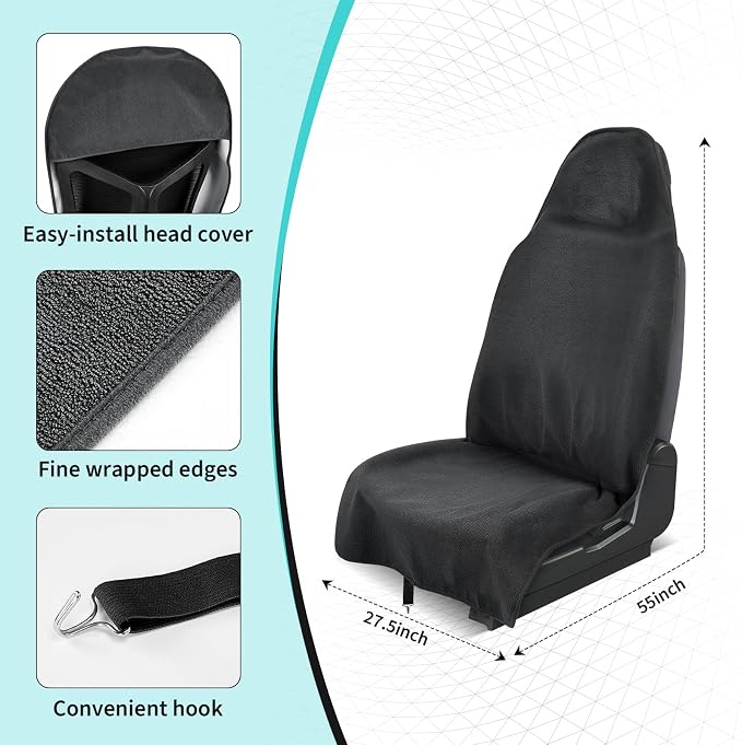 Waterproof 2 Pack Car Seat Towel Cover After Gym(Black,2-Pcs) | Sweatproof Universal Fit Towel Seat Covers Washable Non-Slip Front Towel Bucket Seat Protector