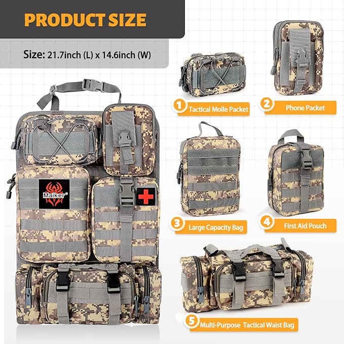 MAIKER Tactical Car Seat Back Organizer, Upgrade Tactical Vehicle Panel Organizer with 5 Detachable Molle Pouch, Universal fits for Most of Vehicle
