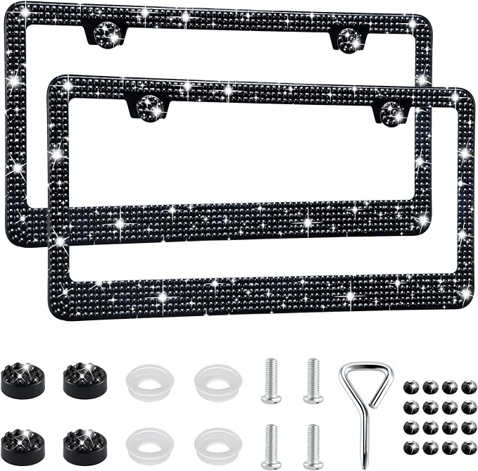GaRhomxy Bling License Plate Frames for Women, 2 Pack Handcrafted Sparkly Rhinestone Car Accessories, Premium Stainless Steel Frame with 1000+ Faceted Glass Crystals & Free Glitter Caps (Black)
