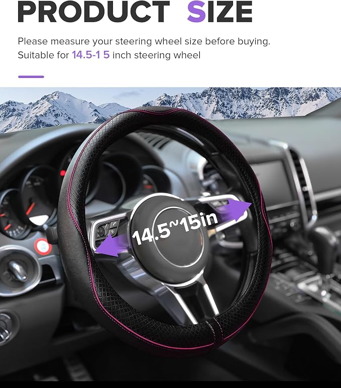 Steering Wheel Cover,Car Accessories,Microfiber Leather Car Steering Wheel Covers,Universal 15 Inch Anti-Slip Breathable Auto Interior Decor Protector,Suitable for Most Cars (Black&Pink)