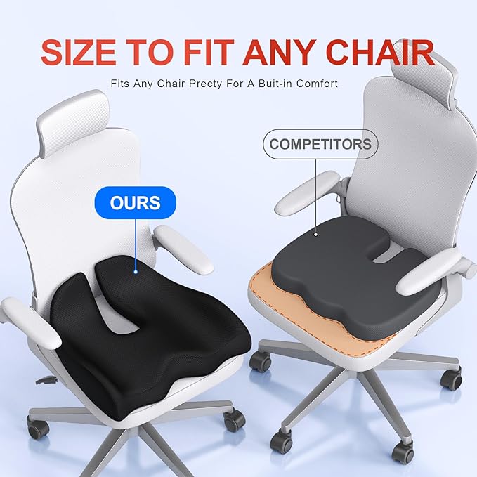 Benazcap Memory Foam Seat Cushion Relieves Sciatica & Tailbone Pain | Ergonomic design, washable cover & anti-slip base, long-sitting pad for office, gaming and car seats Black