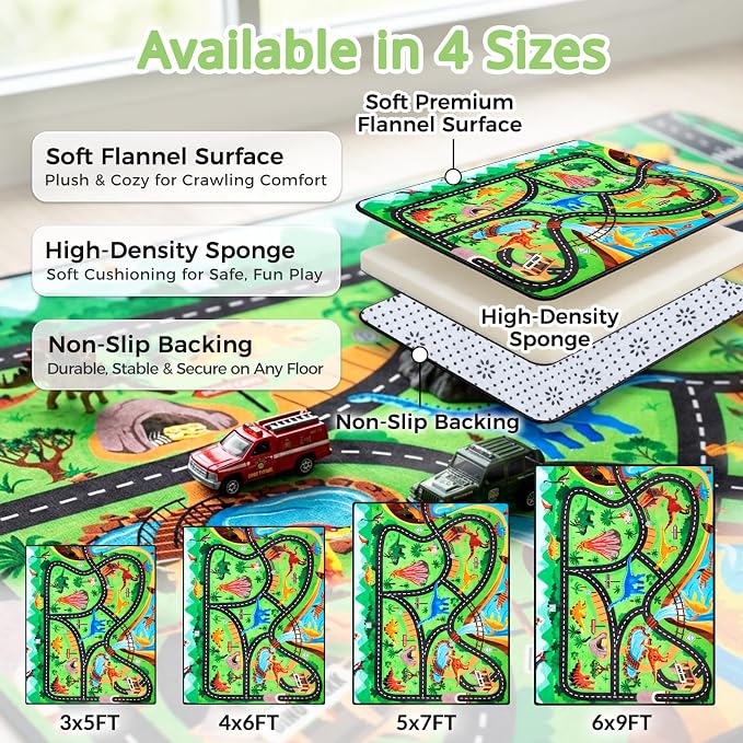 Kids Dinosaur Rug, 6x9 Ft Car Rug Play Mat for Kids | Extra Thick 0.4 in Soft Non-Slip Car Carpet Play Dino Rug with Realistic Roads for Toy Cars,Bedroom, Playroom & Nursery
