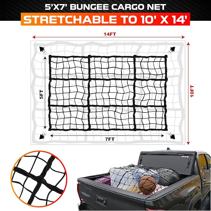 [Premium] 5'x7' Heavy Duty Cargo Net Stretches to 10' x 14', Extra Thick 10mm Cord Bungee Cargo Netting for Pickup Truck Bed, Roof Rack Net & 12 PCS Steel Carabiners | Extra Thick 10mm Cord Bungee Cargo Netting for Pickup Truck Bed, Roof Rack Net & 12 ...