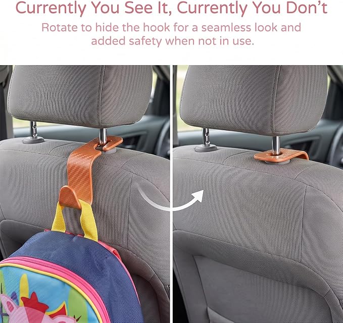 4PCS Car Seat Headrest Hooks, Auto Back Seat Hanger Holder, Durable Stylish Vehicle Organizer Universal Car Interior Accessories, Storage Hooks for Purses, Bags, Clothes (Carbon Fiber/Orange)