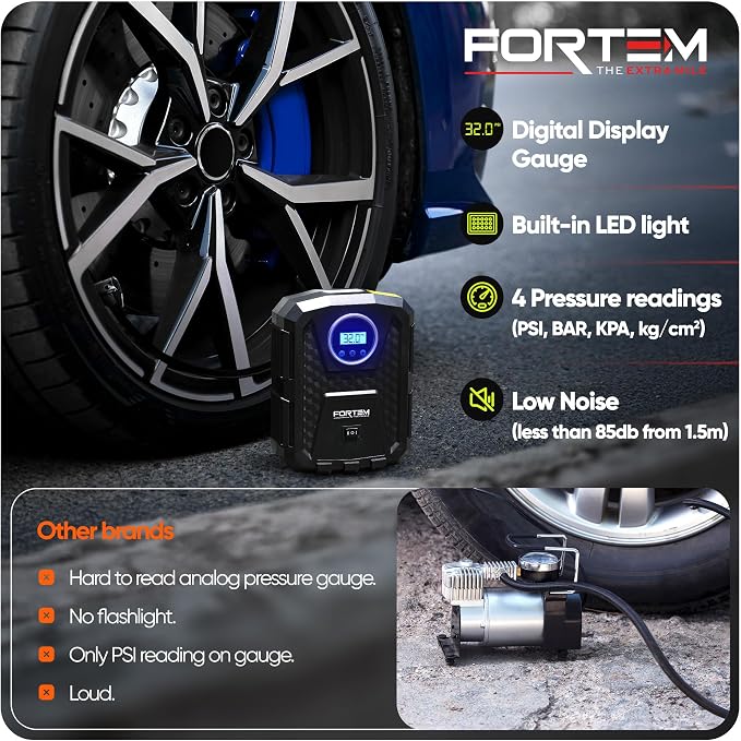 FORTEM Tire Inflator Portable Air Compressor, Air Pump for Car Tires and Bikes, Car Tire Pump w/Auto Shut Off, 150 PSI, 12V DC, LED Light, Carrying Case, Perfect For Men, Women
