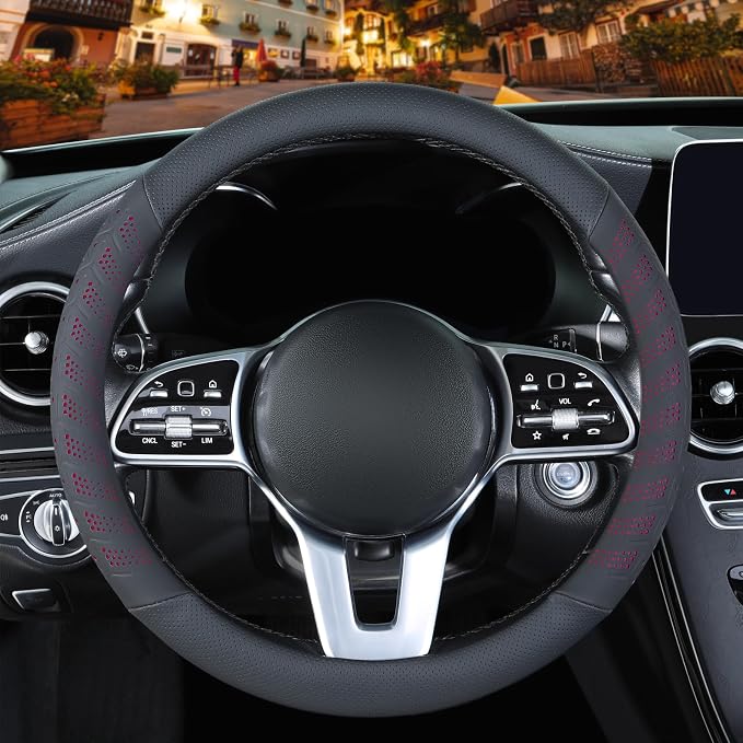 3D Slim Soft 14 inch Leather Steering Wheel Cover Black with Red | Breathable Anti-Slip Premium Skin-Feel Perforated Thin Nappa Leather, Small 13.5 inch to 14 inch