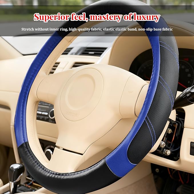 Car Steering Wheel Cover, 14.5-15" Non-Slip Soft Leather Breathable Sporty Steering Wheel Protector, Comfortable Automotive Interior Protection Accessory, Universal for Vehicles (Black/Blue)