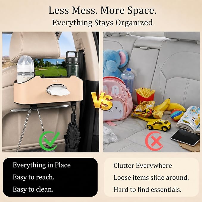 Mu&Ti Back Seat Car Organizer with Cup Holders Tissue Box Holder, Phone Stand and Hooks Multifunctional 4 in 1(Beige)