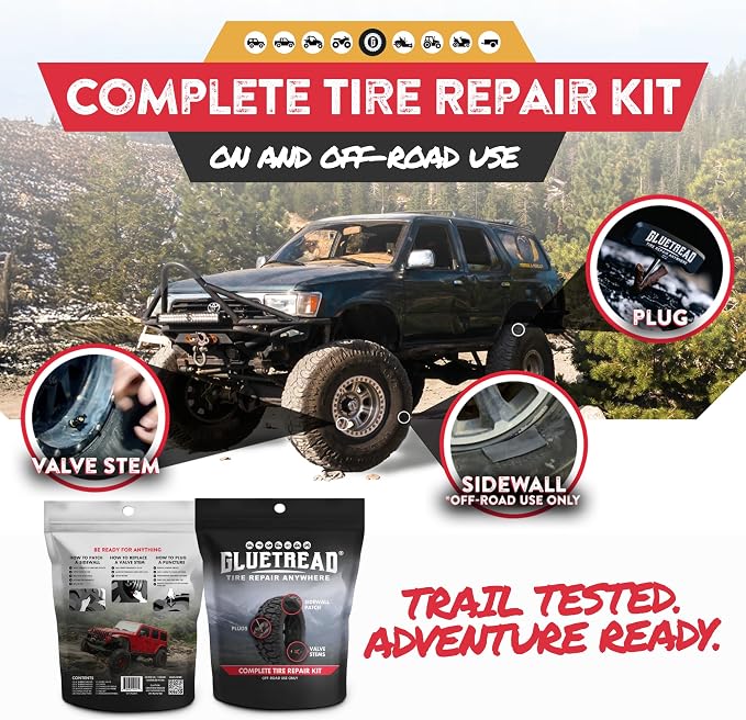 GlueTread Complete Off-Road Tire Repair Kit - Fix Sidewall Damage and Punctures - Includes Heavy Duty Tire Patch Kit, Plugs & Colby Emergency Valve Stem - Enhanced Rubber Formula, Fast Setting
