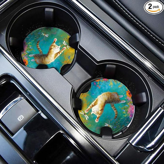 WOCOCN Cute Cup Holder Coasters for Your Car with Fingertip Grip, Auto Accessories for Women & Men,Pack of 2 (Swimming Black Cat)