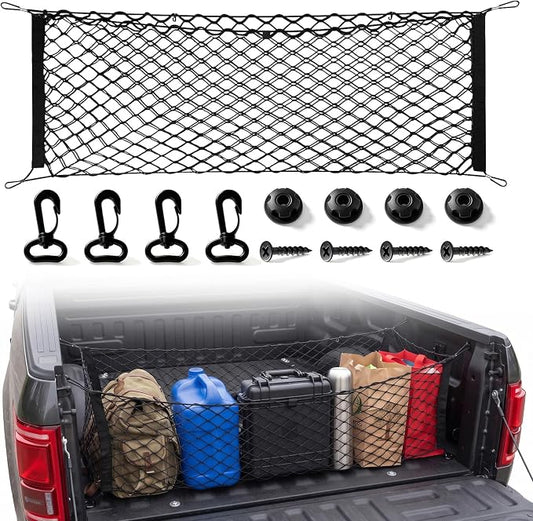 Cargo Net, Premium Dual-Layer Nylon Cargo Net for SUV, Automotive Exterior Accessories, Adjustable Elastic Trunk Net with Hook, Car Accessories for SUV, Truck, Pickup(51.2x17.7 Inch)