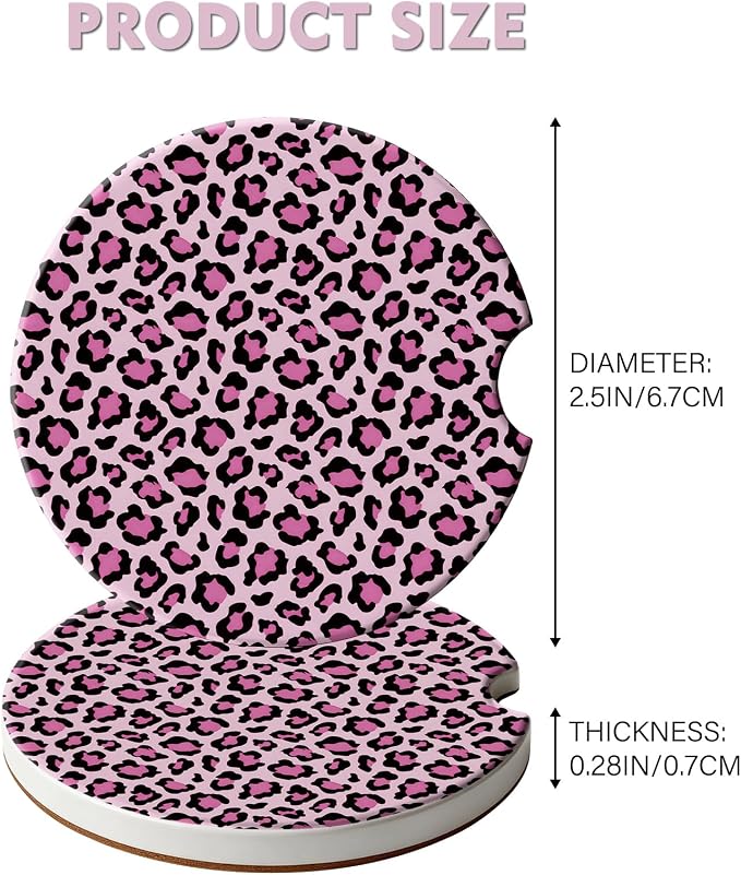 2 Pack Car Coasters for Cup Holders, Absorbent Ceramic Cup Coaster with Cork Base and Finger Notch, Cute Car Accessories Interior for Women Men (Leopard-Pink)