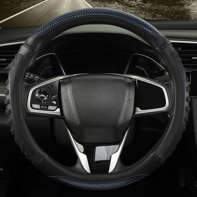 Anti-Slip Silicone Steering Wheel Cover Great Grip with 3D Honeycomb | Heavy-duty Microfiber Leather Sporty Design, Small 13.5 inch - 14 inch, Black with Blue