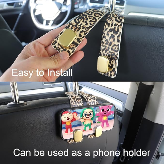 Car Seat Hooks for Headrest, Purse Hook & Back Storage Hook, Zinc Alloy & Leather Material Heavy Duty Car Hooks for Purses and Bags,Universal Fit for Most Vehicles (Leopard-2 Pack)