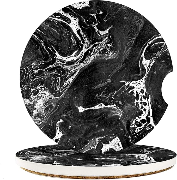 Britimes Absorbent Car Coasters 2 Pack for Cup Holders, 2.56" Ceramic Stone & Non-Scratch Cork Base Drink Coasters Cupholder Black Marble
