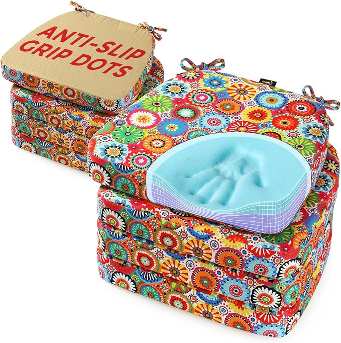 SUNROX Cooling Gel Memory Foam Chair Cushions, 2.6" Thick U-Shaped Dual-Layer Comfort Dining Chair Pads, Non Slip Seat Cushion with Ties for Indoor Kitchen Office 17"x16" Set of 8, Circle Flower