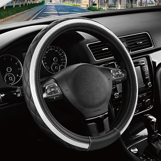 Road Comforts Leather Steering Wheel Cover – Black & Silver, Universal Fit 14.5-15 Inch, Microfiber Leather, Anti-Slip & Breathable Design for Men and Women