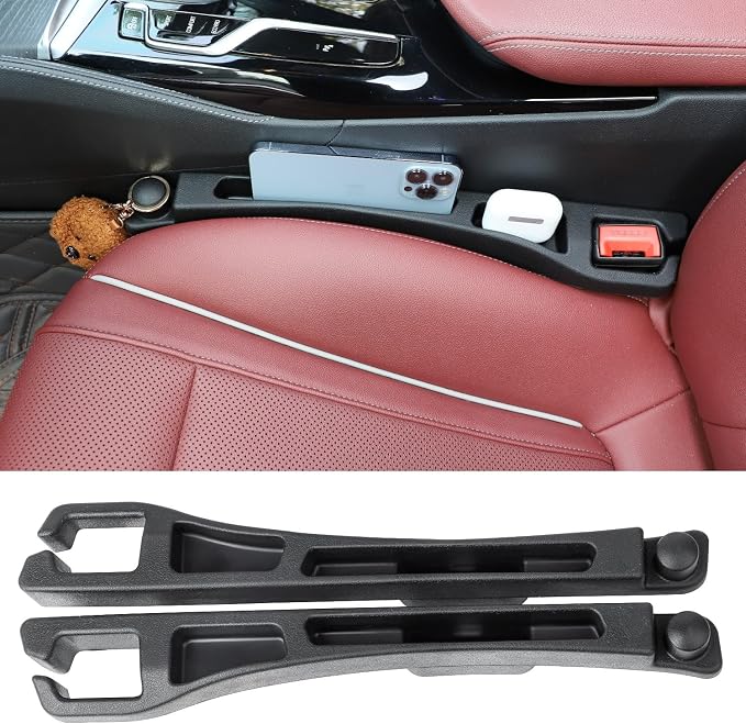 Carseat Gap Filler Organizer 2 Pack, 6 in 1 Car Side Seat Gap Plug Strip with Storage Slot, Window Breaker and Hook, Automotive Seat Catcher or Spacer Interior Accessories Between Seats & Console