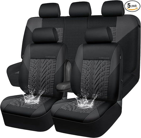 CAR PASS Neoprene Waterproof Seat Covers Full Sets, Wetsuit Car Seat Covers 5 Seats Universal Fit Vans, Truck, SUV, 3D Tyre Embossed Seat Covers Anti Slip with Armrests, Aibag Compatible(Black Gray)